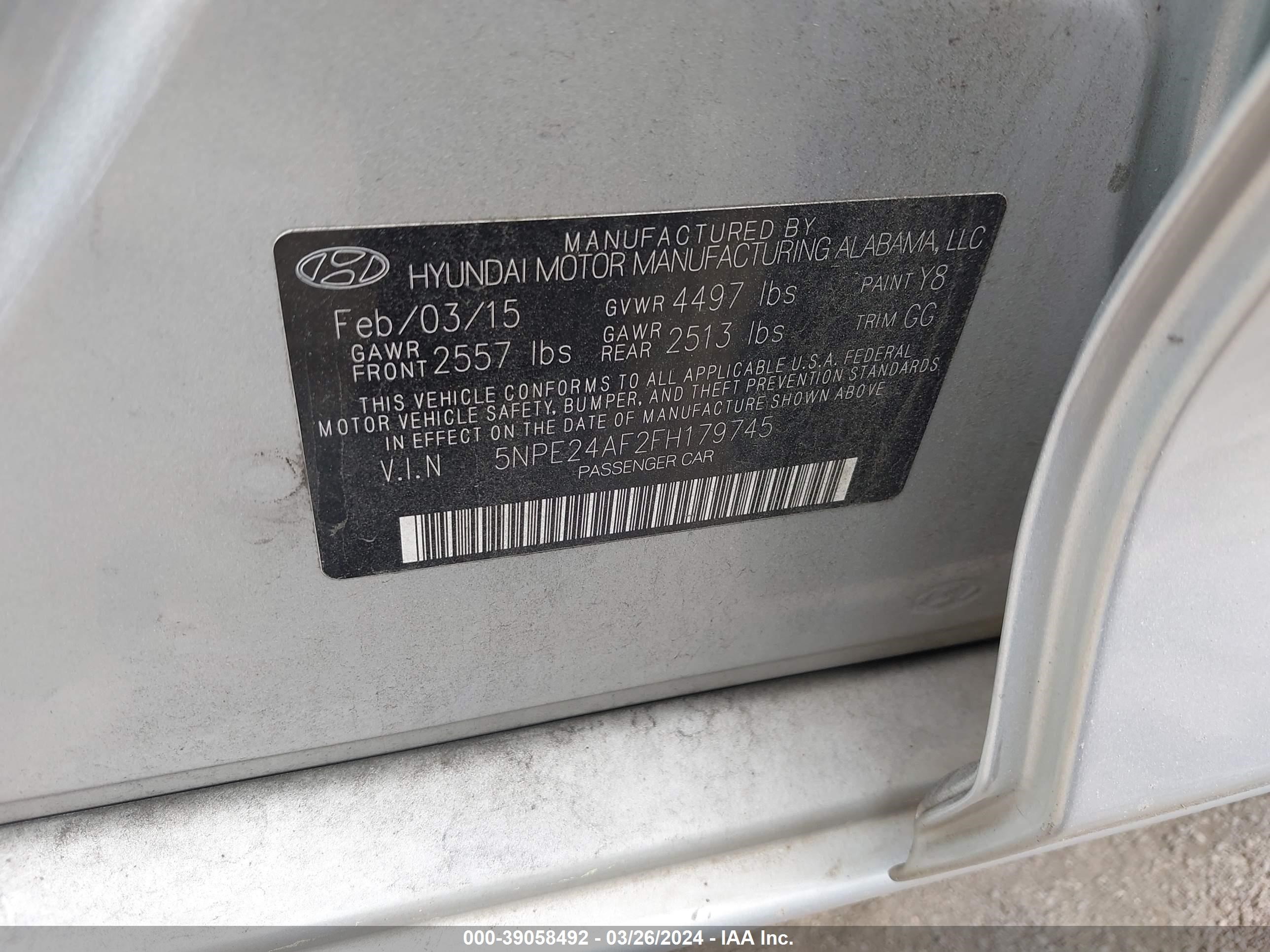 Photo 8 VIN: 5NPE24AF2FH179745 - HYUNDAI SONATA 