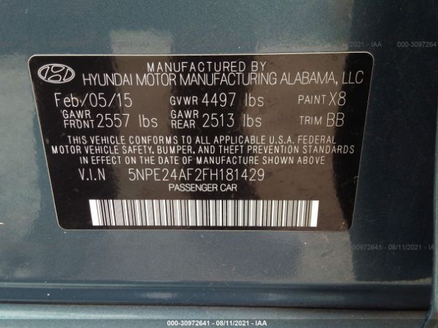 Photo 8 VIN: 5NPE24AF2FH181429 - HYUNDAI SONATA 