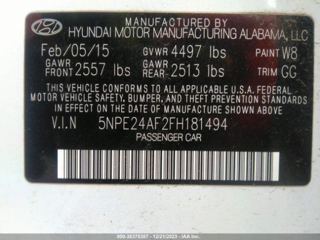 Photo 8 VIN: 5NPE24AF2FH181494 - HYUNDAI SONATA 