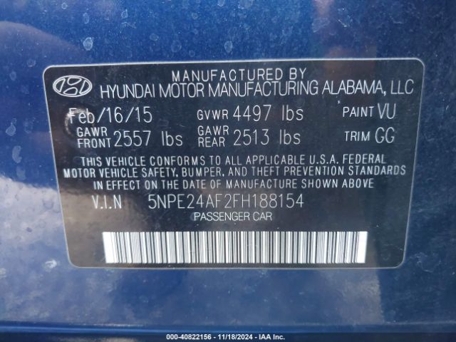 Photo 8 VIN: 5NPE24AF2FH188154 - HYUNDAI SONATA 