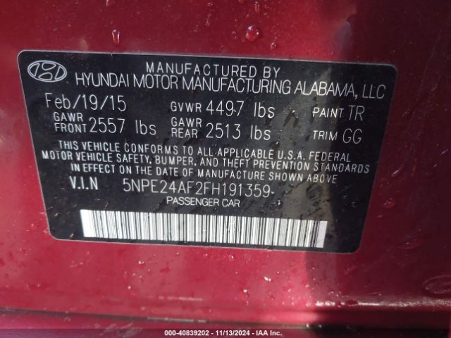 Photo 8 VIN: 5NPE24AF2FH191359 - HYUNDAI SONATA 