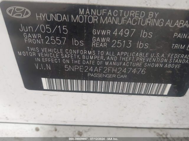 Photo 8 VIN: 5NPE24AF2FH247476 - HYUNDAI SONATA 