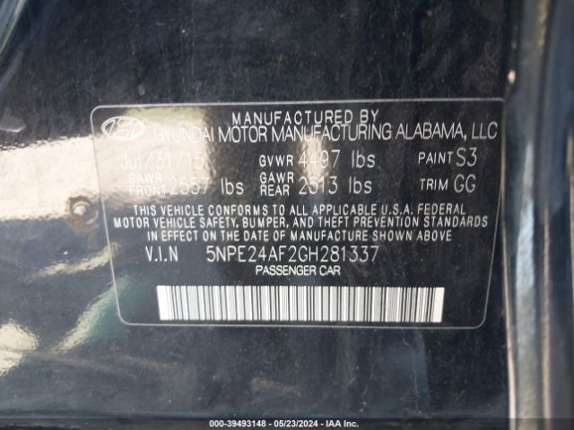 Photo 8 VIN: 5NPE24AF2GH281337 - HYUNDAI SONATA 