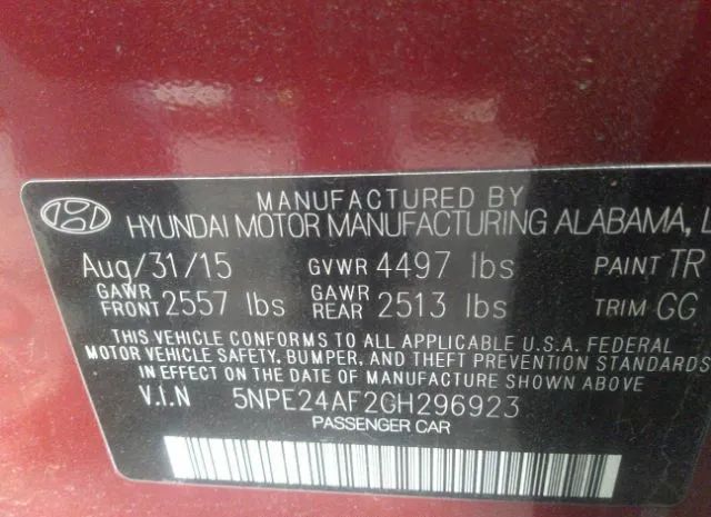 Photo 8 VIN: 5NPE24AF2GH296923 - HYUNDAI SONATA 