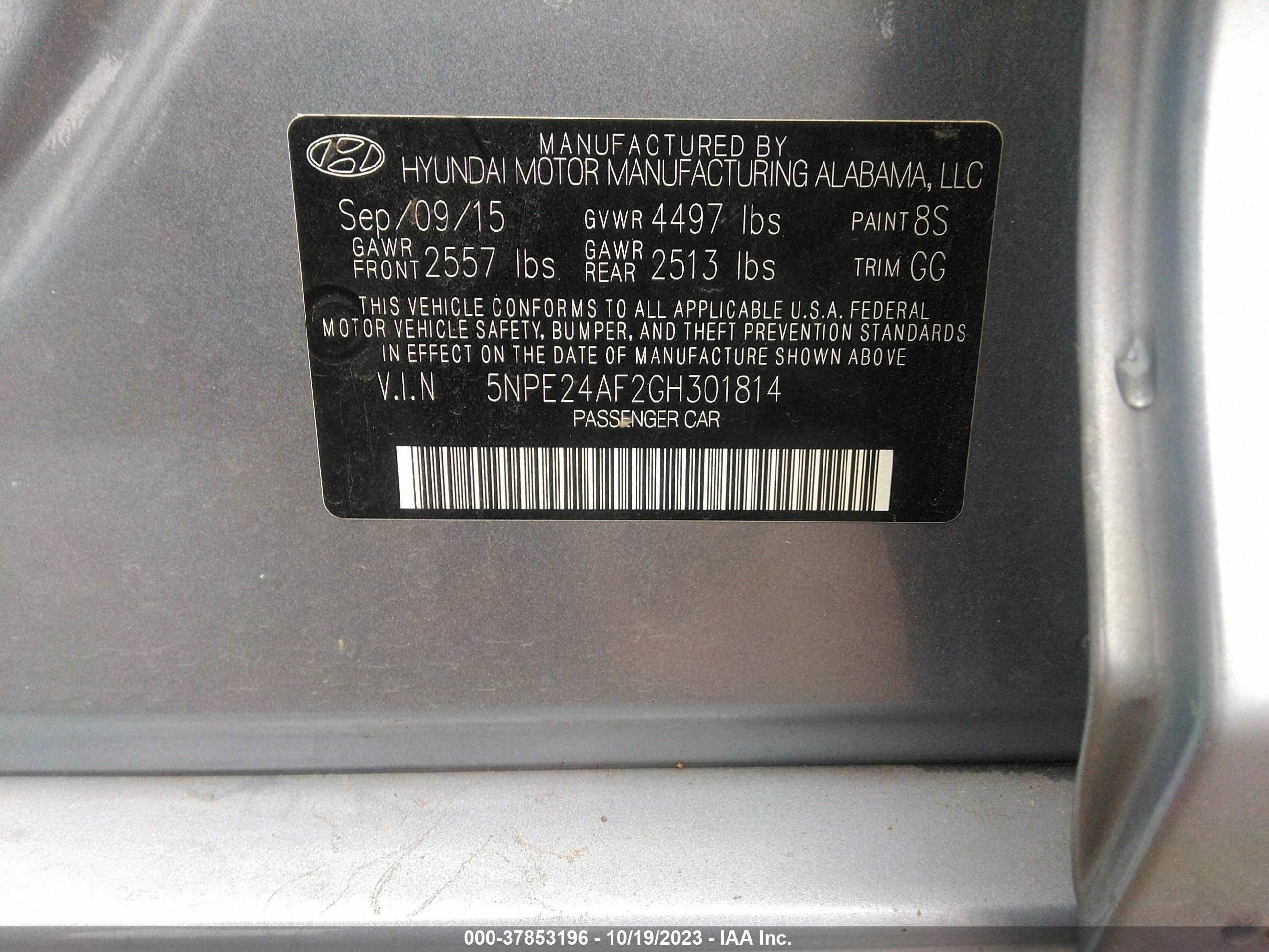 Photo 8 VIN: 5NPE24AF2GH301814 - HYUNDAI SONATA 