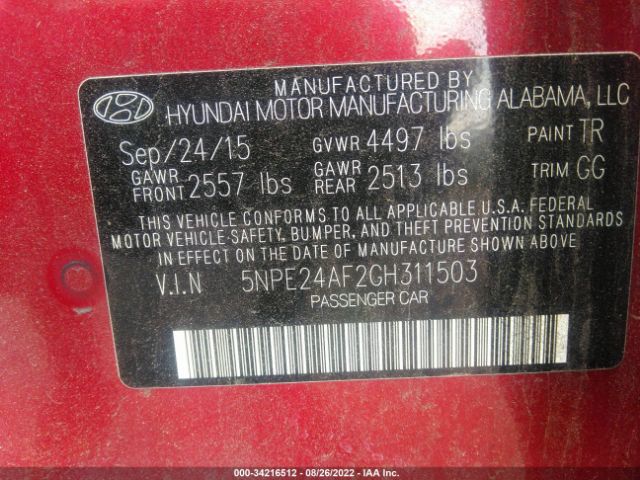 Photo 8 VIN: 5NPE24AF2GH311503 - HYUNDAI SONATA 