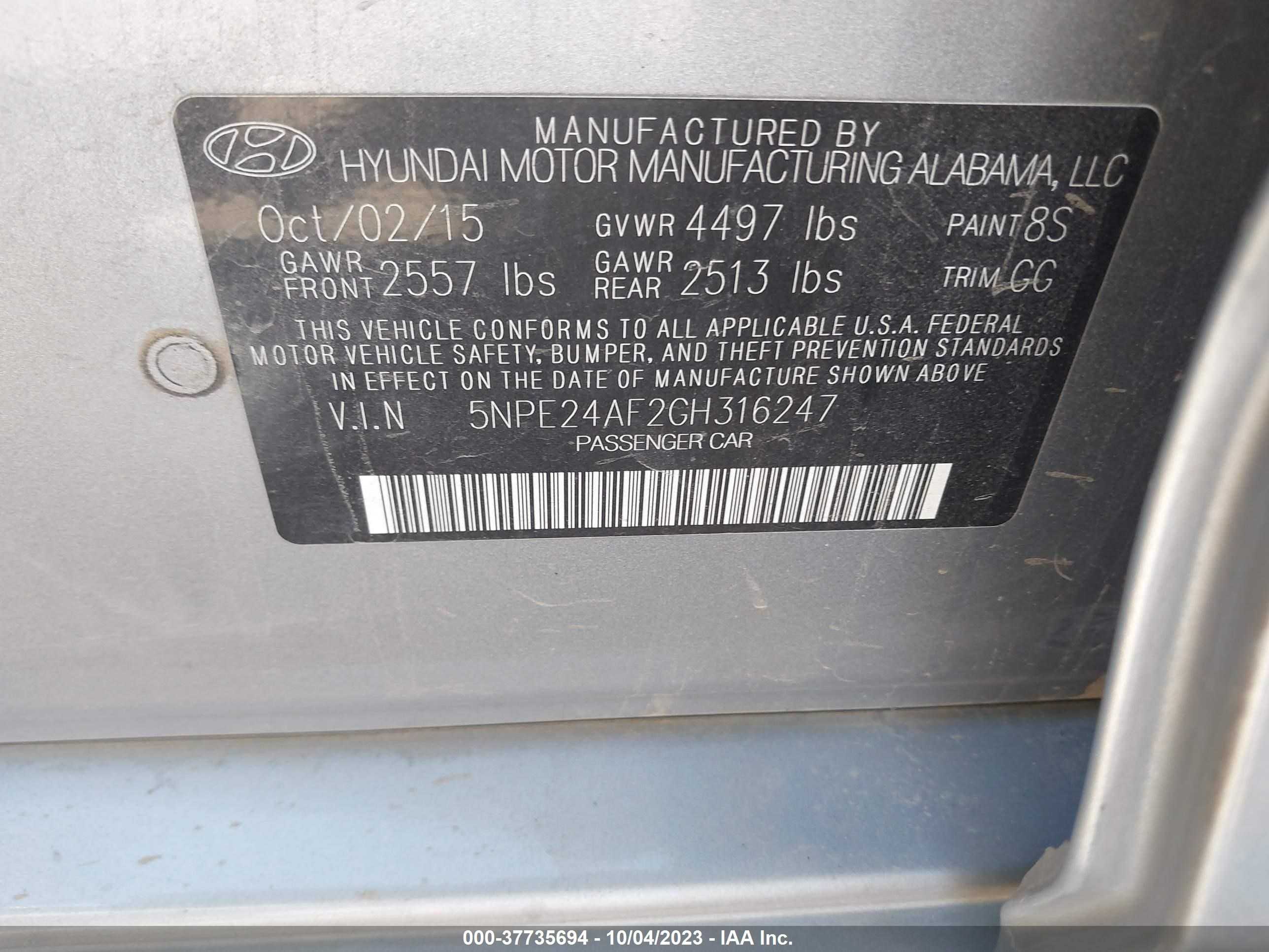 Photo 8 VIN: 5NPE24AF2GH316247 - HYUNDAI SONATA 