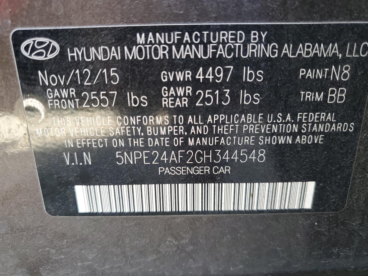 Photo 11 VIN: 5NPE24AF2GH344548 - HYUNDAI SONATA 