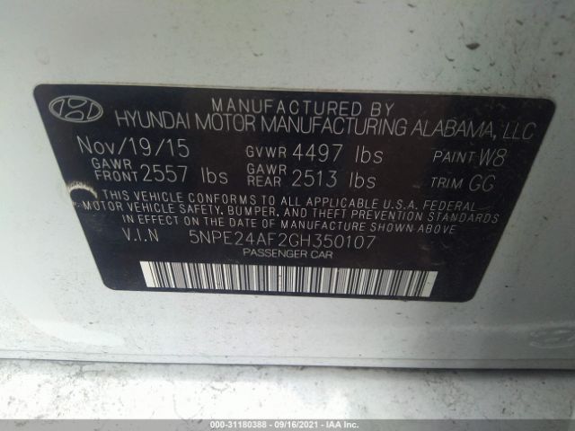 Photo 8 VIN: 5NPE24AF2GH350107 - HYUNDAI SONATA 