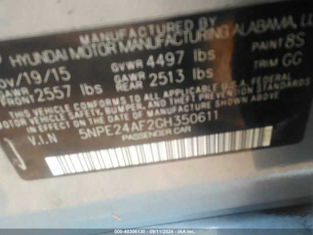 Photo 8 VIN: 5NPE24AF2GH350611 - HYUNDAI SONATA 