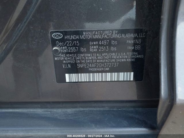 Photo 8 VIN: 5NPE24AF2GH372737 - HYUNDAI SONATA 