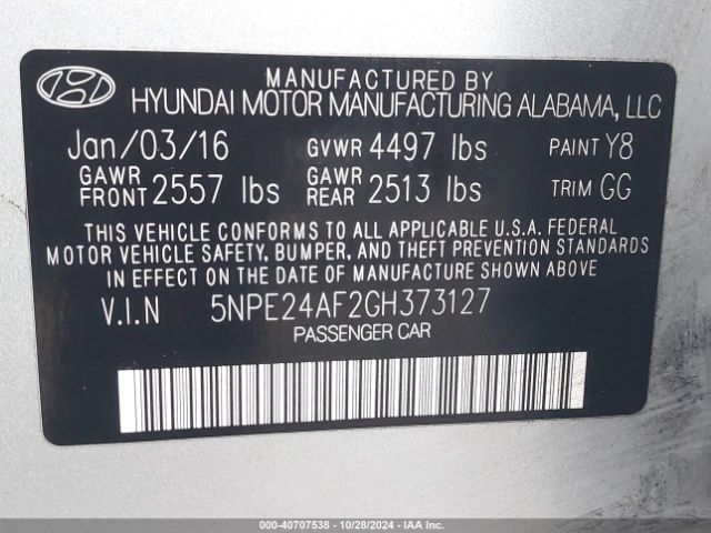 Photo 8 VIN: 5NPE24AF2GH373127 - HYUNDAI SONATA 