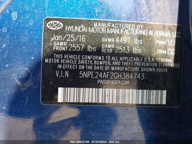 Photo 8 VIN: 5NPE24AF2GH384743 - HYUNDAI SONATA 