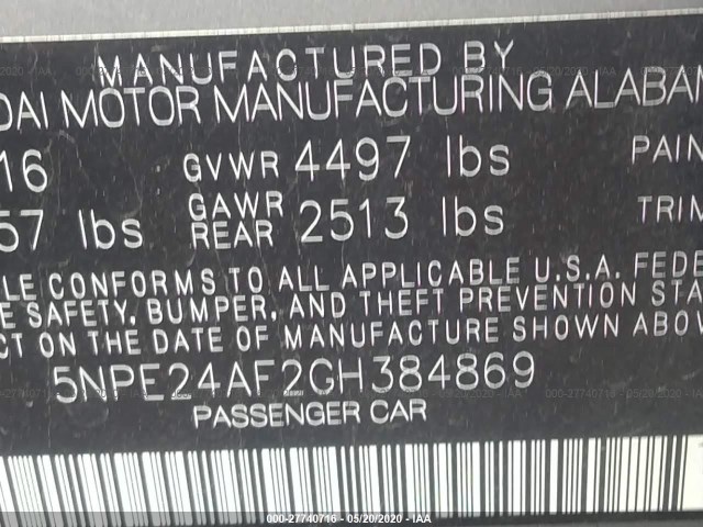 Photo 8 VIN: 5NPE24AF2GH384869 - HYUNDAI SONATA 