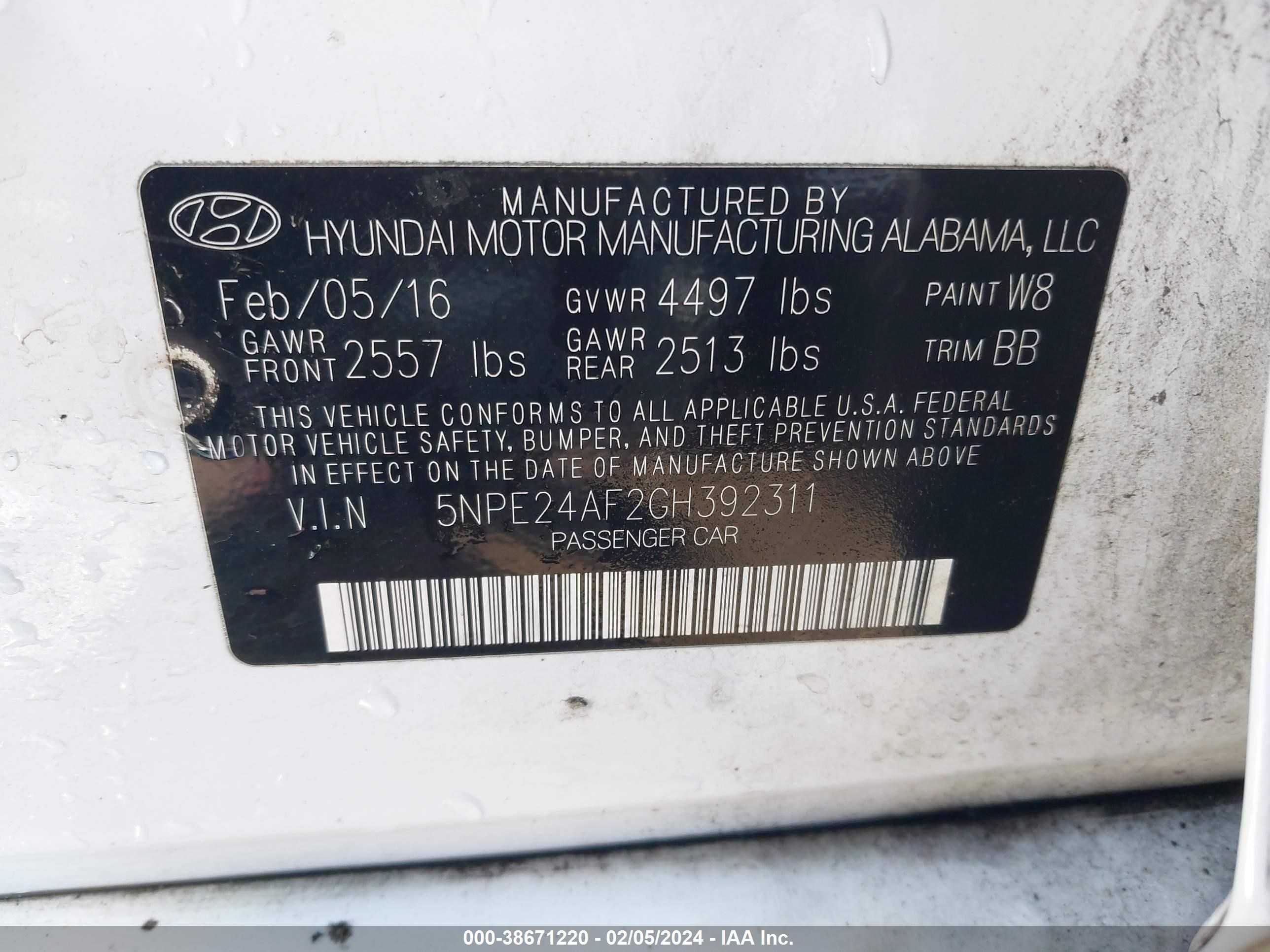 Photo 8 VIN: 5NPE24AF2GH392311 - HYUNDAI SONATA 