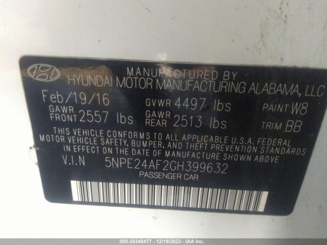 Photo 8 VIN: 5NPE24AF2GH399632 - HYUNDAI SONATA 