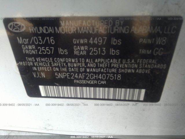 Photo 8 VIN: 5NPE24AF2GH407518 - HYUNDAI SONATA 