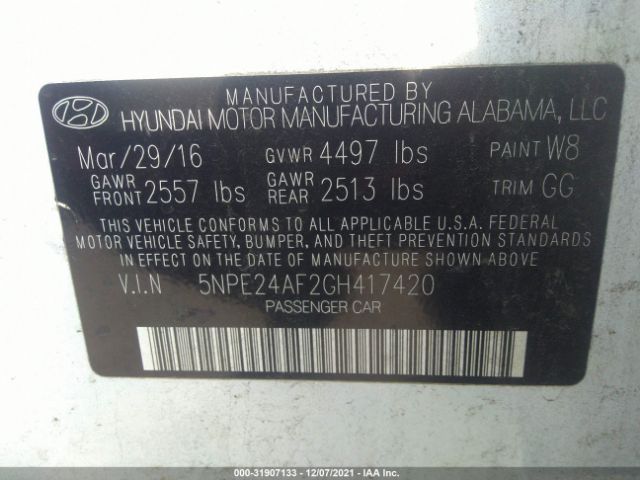 Photo 8 VIN: 5NPE24AF2GH417420 - HYUNDAI SONATA 