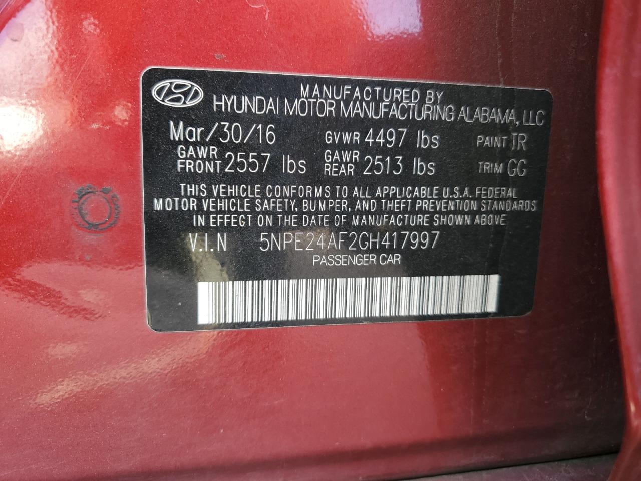 Photo 11 VIN: 5NPE24AF2GH417997 - HYUNDAI SONATA 