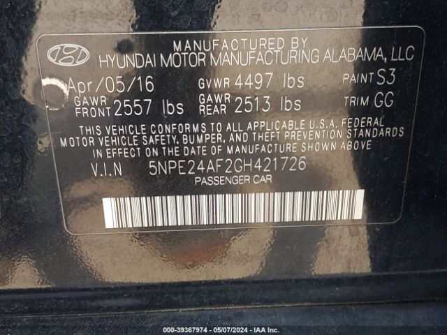 Photo 8 VIN: 5NPE24AF2GH421726 - HYUNDAI SONATA 