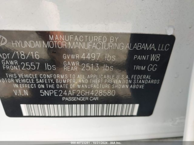 Photo 8 VIN: 5NPE24AF2GH428580 - HYUNDAI SONATA 