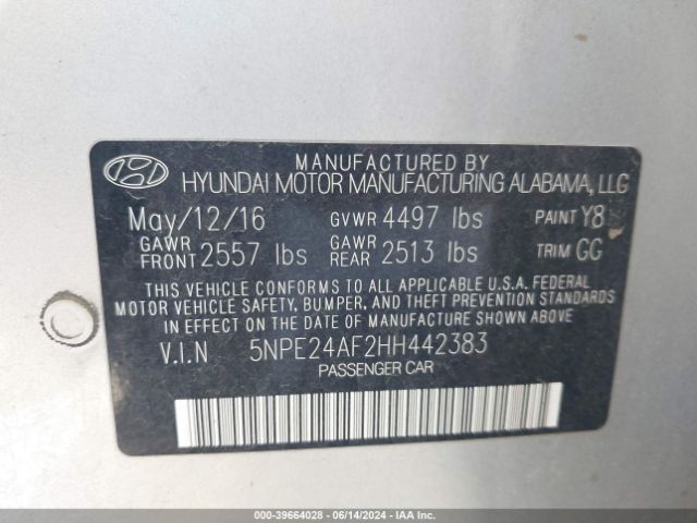 Photo 8 VIN: 5NPE24AF2HH442383 - HYUNDAI SONATA 