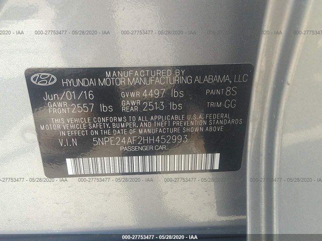 Photo 8 VIN: 5NPE24AF2HH452993 - HYUNDAI SONATA 