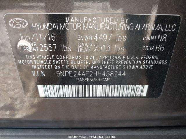 Photo 8 VIN: 5NPE24AF2HH458244 - HYUNDAI SONATA 