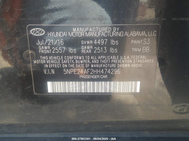 Photo 8 VIN: 5NPE24AF2HH474296 - HYUNDAI SONATA 