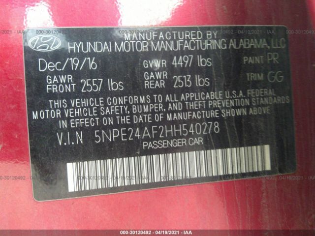 Photo 8 VIN: 5NPE24AF2HH540278 - HYUNDAI SONATA 