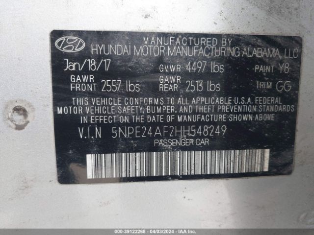 Photo 8 VIN: 5NPE24AF2HH548249 - HYUNDAI SONATA 