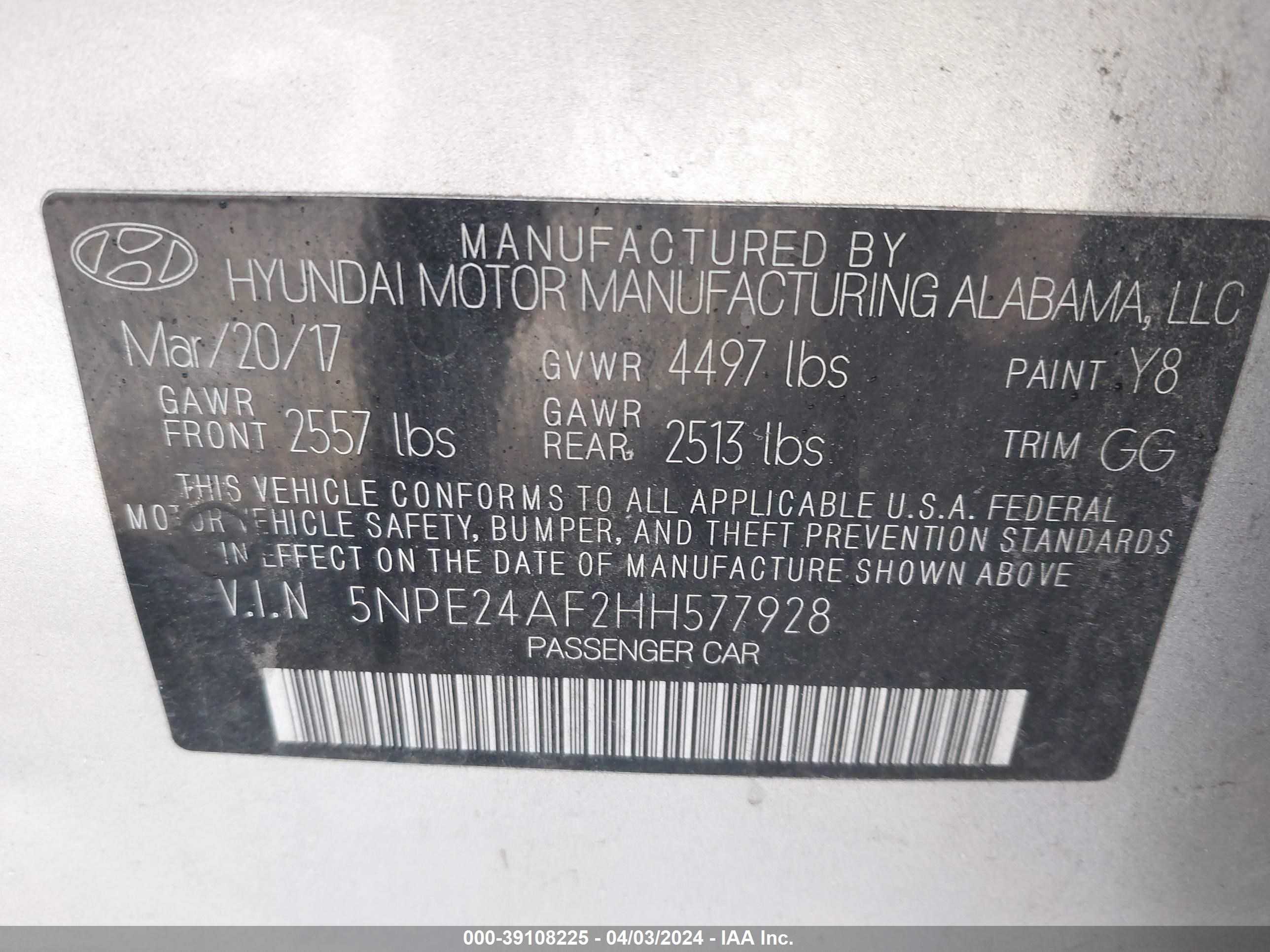 Photo 8 VIN: 5NPE24AF2HH577928 - HYUNDAI SONATA 