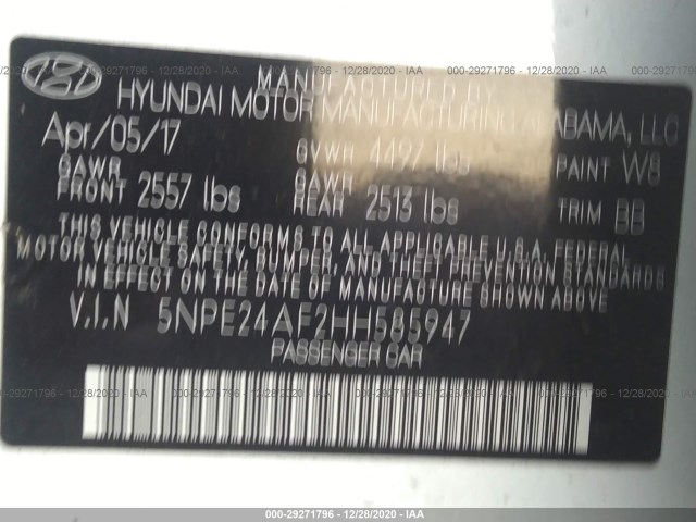 Photo 8 VIN: 5NPE24AF2HH585947 - HYUNDAI SONATA 