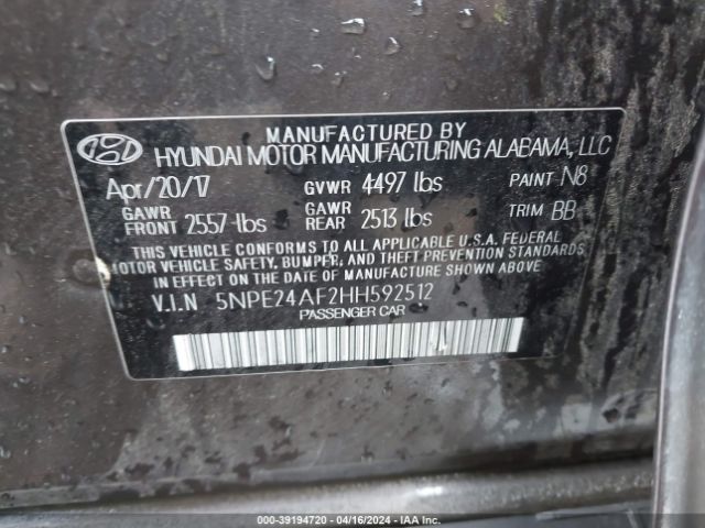 Photo 8 VIN: 5NPE24AF2HH592512 - HYUNDAI SONATA 