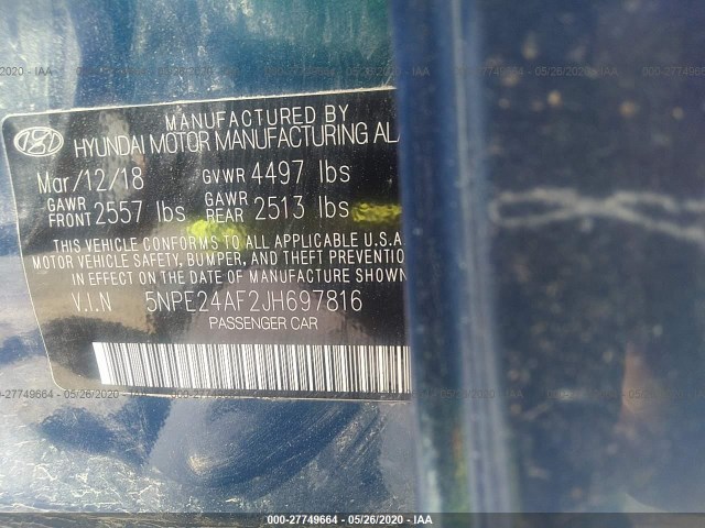 Photo 8 VIN: 5NPE24AF2JH697816 - HYUNDAI SONATA 