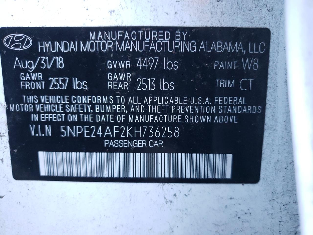 Photo 11 VIN: 5NPE24AF2KH736258 - HYUNDAI SONATA 