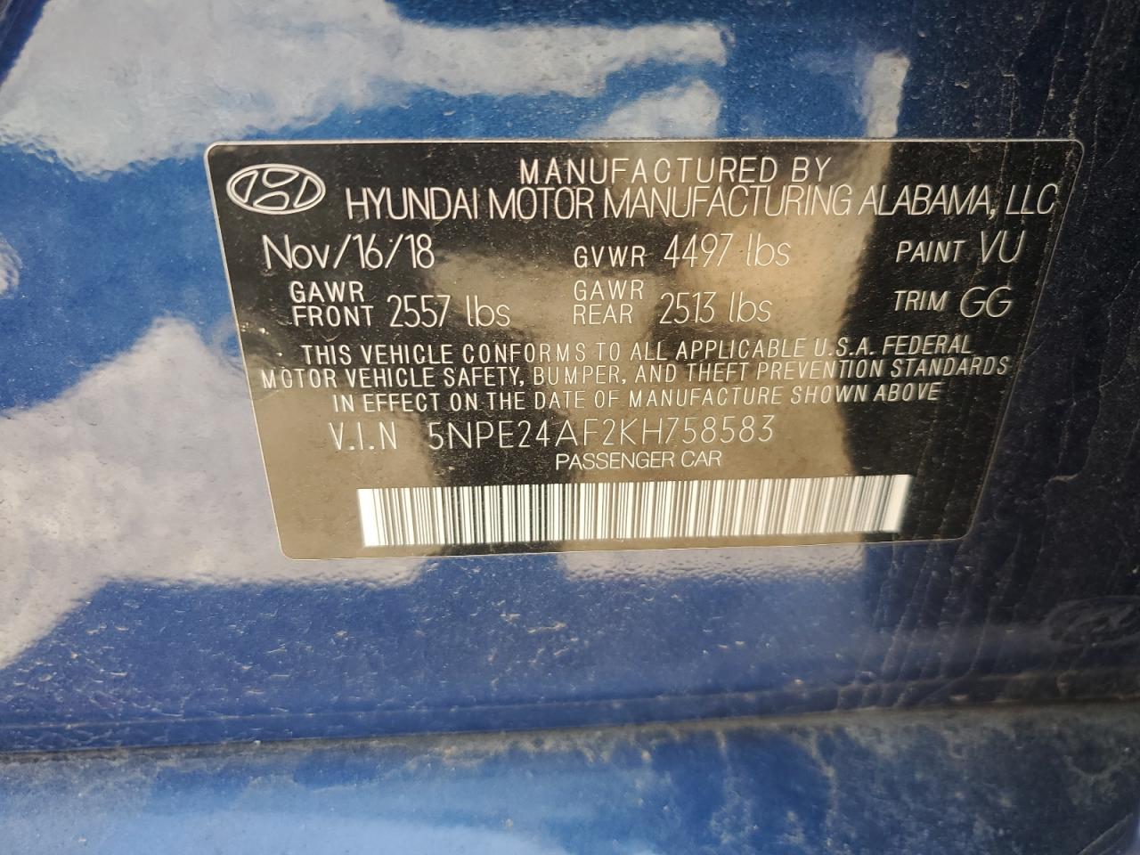 Photo 11 VIN: 5NPE24AF2KH758583 - HYUNDAI SONATA 