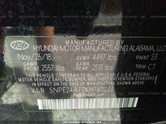 Photo 8 VIN: 5NPE24AF2KH760236 - HYUNDAI SONATA 