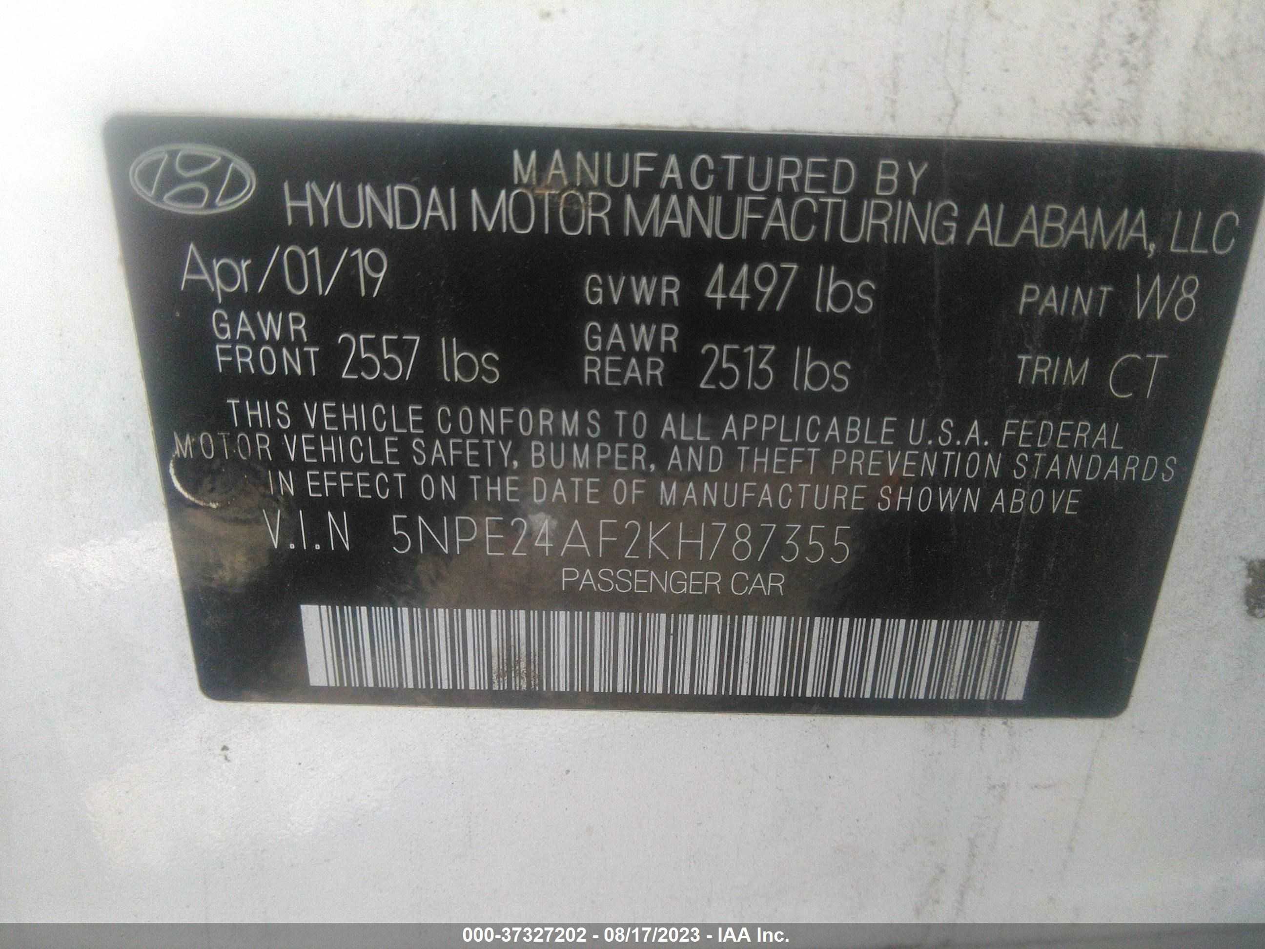 Photo 8 VIN: 5NPE24AF2KH787355 - HYUNDAI SONATA 