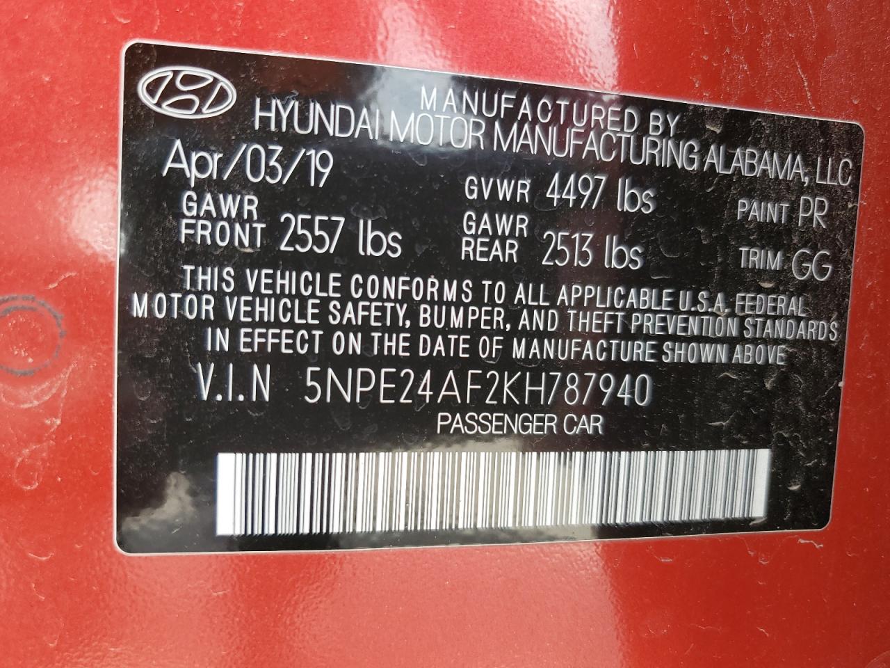 Photo 11 VIN: 5NPE24AF2KH787940 - HYUNDAI SONATA 