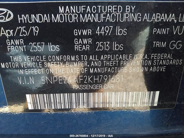 Photo 8 VIN: 5NPE24AF2KH791681 - HYUNDAI SONATA 