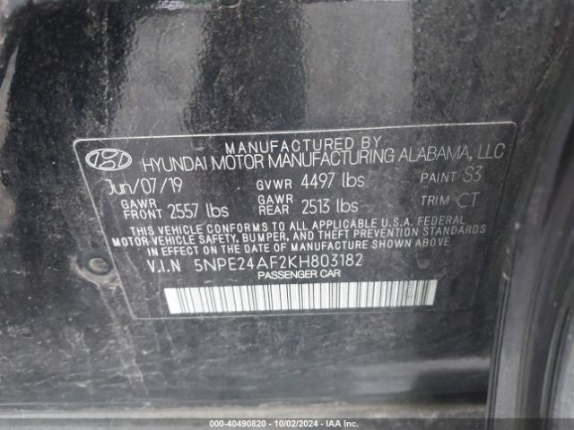 Photo 8 VIN: 5NPE24AF2KH803182 - HYUNDAI SONATA 