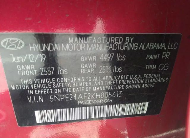 Photo 8 VIN: 5NPE24AF2KH805613 - HYUNDAI SONATA 