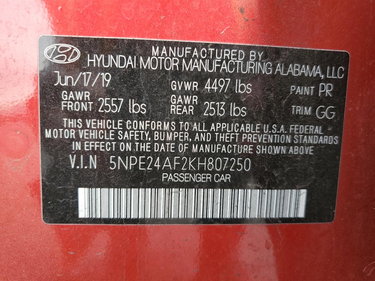 Photo 11 VIN: 5NPE24AF2KH807250 - HYUNDAI SONATA 