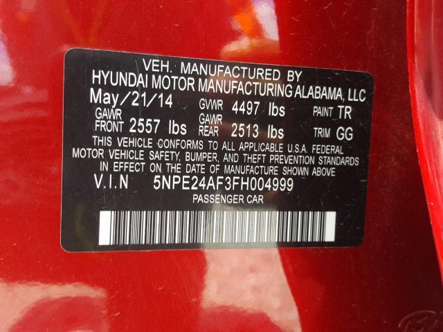 Photo 9 VIN: 5NPE24AF3FH004999 - HYUNDAI SONATA SE 