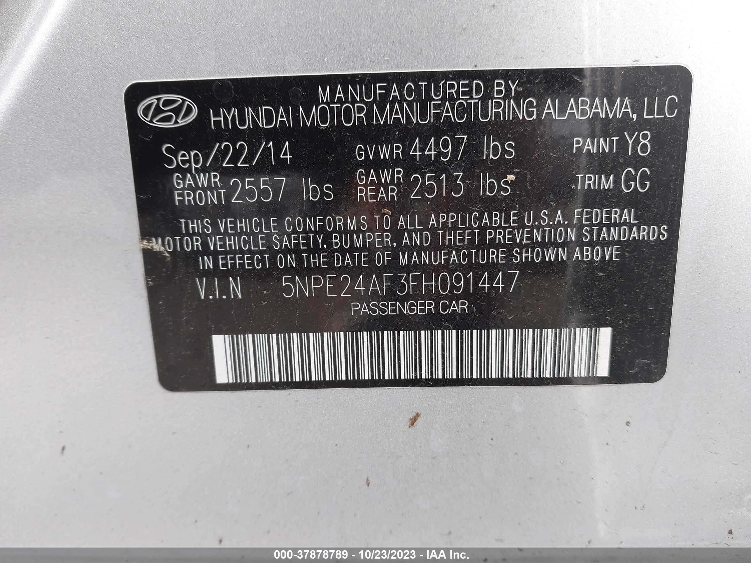 Photo 8 VIN: 5NPE24AF3FH091447 - HYUNDAI SONATA 