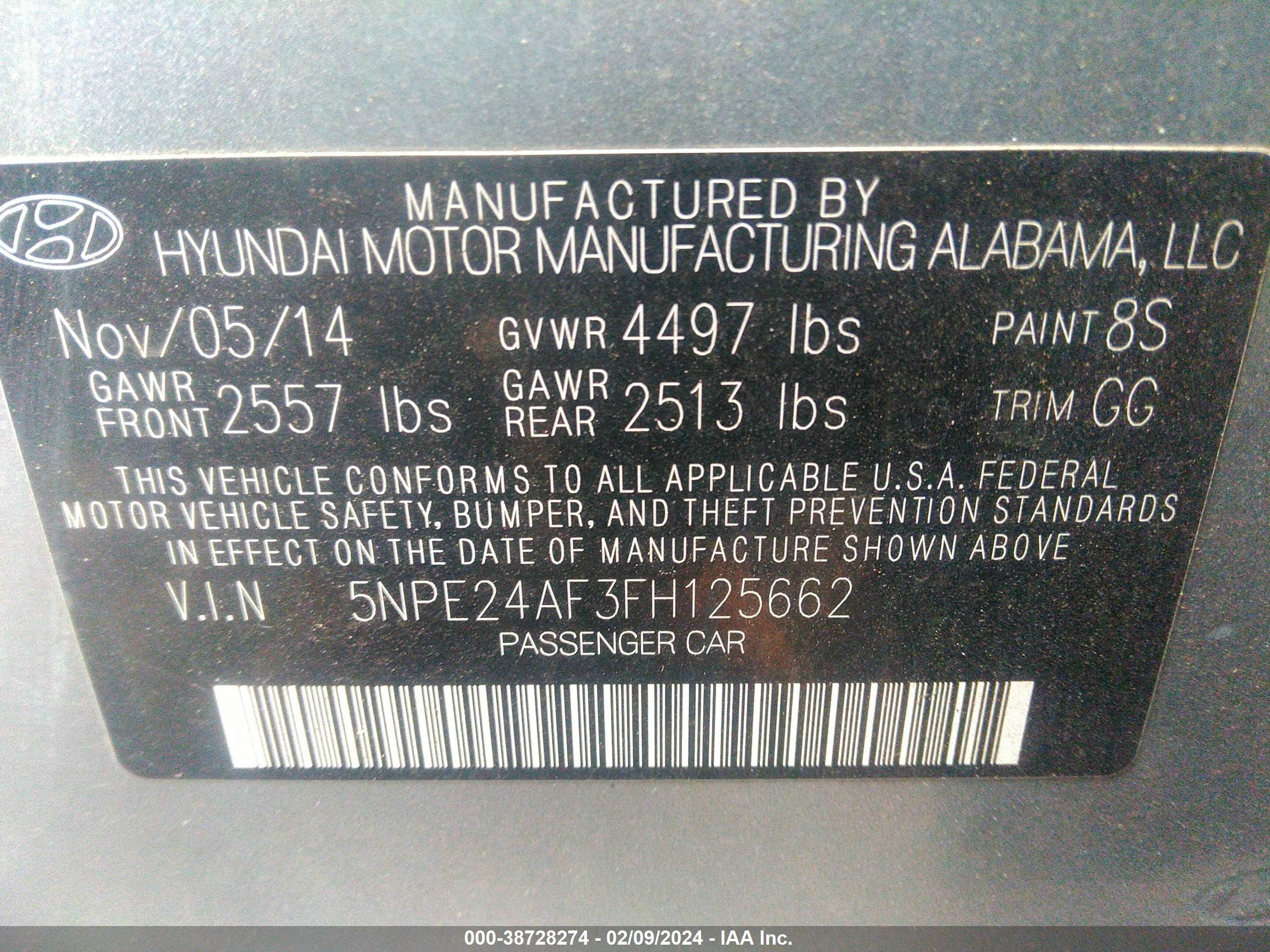 Photo 8 VIN: 5NPE24AF3FH125662 - HYUNDAI SONATA 