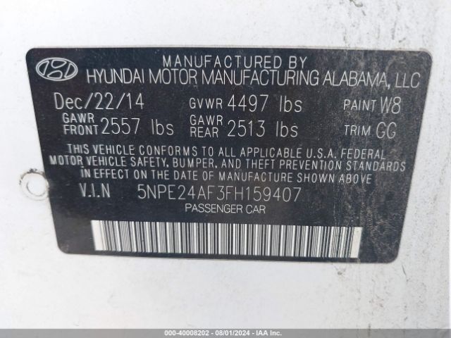 Photo 8 VIN: 5NPE24AF3FH159407 - HYUNDAI SONATA 