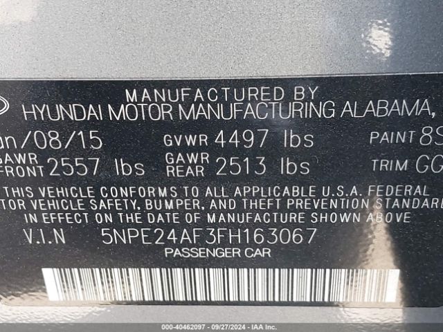 Photo 8 VIN: 5NPE24AF3FH163067 - HYUNDAI SONATA 