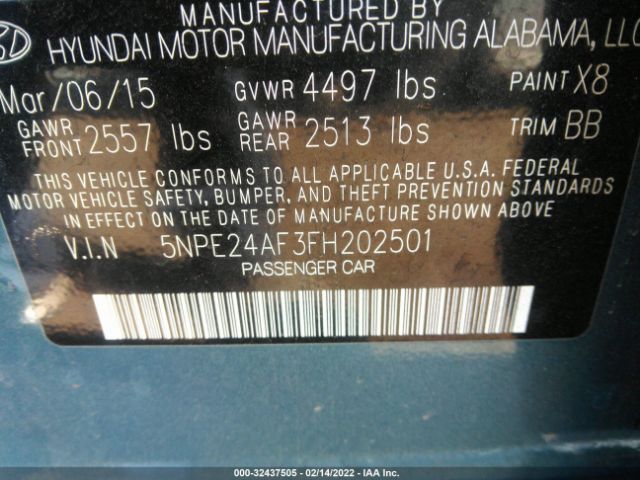 Photo 8 VIN: 5NPE24AF3FH202501 - HYUNDAI SONATA 